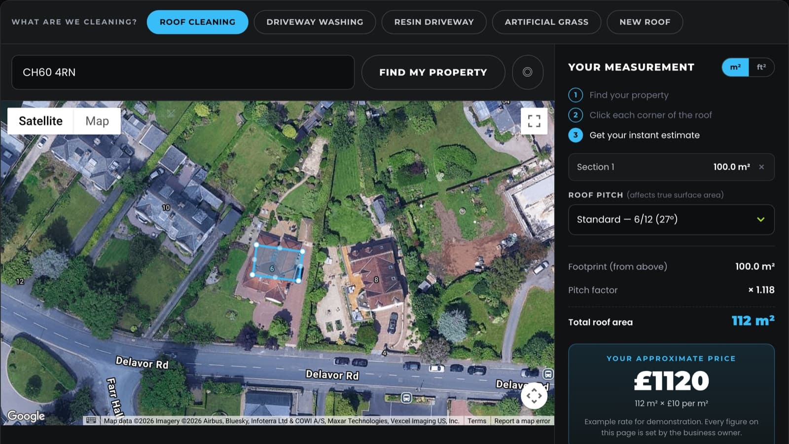 The quote calculator: a roof traced on a satellite map, priced at £1120